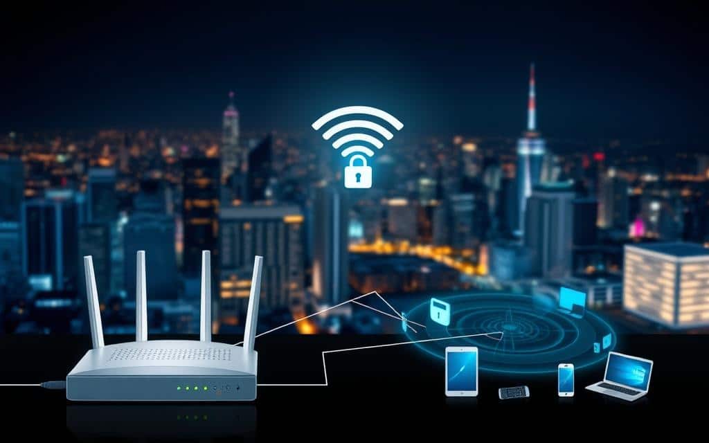 A well-lit, detailed schematic diagram of a Wi-Fi network security system. In the foreground, a secure router with multiple antennas, connected to various devices like laptops, smartphones, and smart home appliances. In the middle ground, a series of concentric circles representing wireless signal strength and coverage area. In the background, a cityscape with skyscrapers and a night sky, symbolizing the need for robust network protection in a connected world. The overall mood is one of technological sophistication and a focus on safeguarding digital assets through comprehensive Wi-Fi security measures.