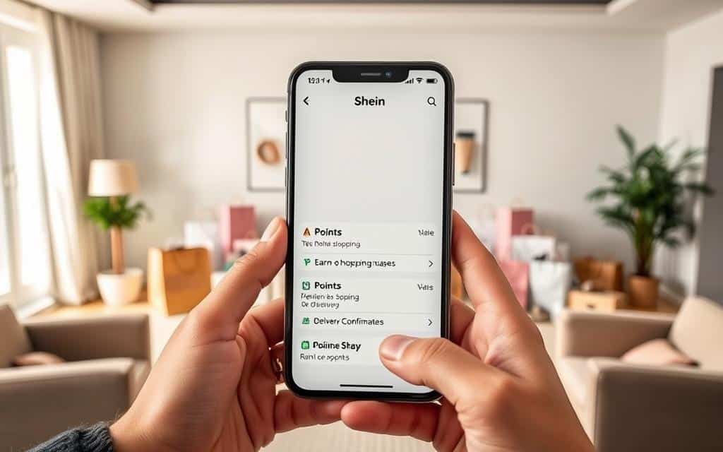 A well-lit, high-resolution photograph showcasing the steps to earn Shein points. In the foreground, a person's hands are holding a smartphone displaying the Shein app, with the "Points" section prominently visible. The middle ground features a neatly arranged collection of Shein shopping bags, packages, and other accessories, symbolizing regular purchases. In the background, a clean, minimalist interior with neutral tones creates a sense of organization and efficiency. The overall composition conveys a step-by-step guide to earning Shein points through consistent shopping and delivery confirmations.