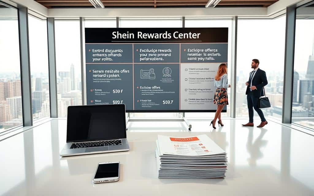 A well-lit, modern office interior with large windows overlooking a cityscape. In the foreground, a sleek, minimalist desk with a laptop, smartphone, and a stack of documents labeled "Shein Rewards Center". Behind it, a display board showcases the various benefits of the Shein Rewards program, including discounts, exclusive offers, and loyalty points. The middle ground features several stylish, fashion-forward individuals engaged in discussion, highlighting the connection between the Rewards program and Shein's product offerings. The background depicts a bustling city skyline, conveying a sense of urban sophistication and the global reach of the Shein brand. The overall scene exudes a professional, aspirational, and visually appealing atmosphere.