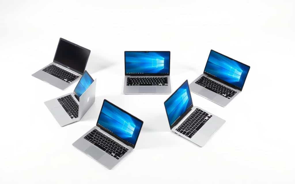A well-lit studio photograph of the top 5 most popular laptop models for student use, arranged in a visually appealing composition. The laptops are positioned on a minimalist white backdrop, showcasing their sleek designs and key features. The laptops are angled to highlight their screens and keyboards, with subtle highlights and shadows to accentuate their forms. The lighting is soft and even, creating a professional, high-quality look. The overall mood is modern, clean, and focused on the laptops' functionality and suitability for student needs.