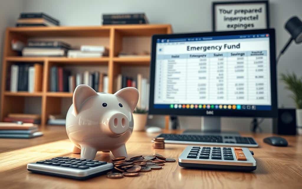A well-lit, wide-angle image of a financial planning emergency fund strategy. In the foreground, a piggy bank, coins, and a calculator sit on a wooden desk. In the middle ground, a desktop computer displays a spreadsheet with budget categories and savings goals. In the background, a bookshelf holds financial planning books and a framed motivational quote about being prepared for unexpected expenses. The lighting is soft and natural, creating a warm, thoughtful atmosphere. The composition is balanced, with the emergency fund elements taking central focus, conveying a sense of organization and financial security.