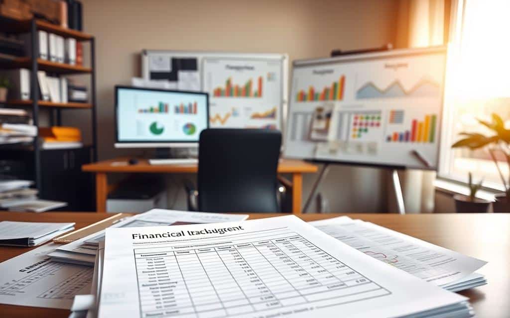 A well-organized office workspace with a desk, computer, and various financial tracking tools. In the foreground, a neat stack of financial documents and a meticulously annotated monthly budget spreadsheet. In the middle ground, a whiteboard displaying colorful charts and graphs tracking income, expenses, and savings goals. The background features a large window with warm, natural lighting streaming in, creating a productive and focused atmosphere. The overall scene conveys a sense of financial discipline, organization, and a determined approach to achieving financial objectives.