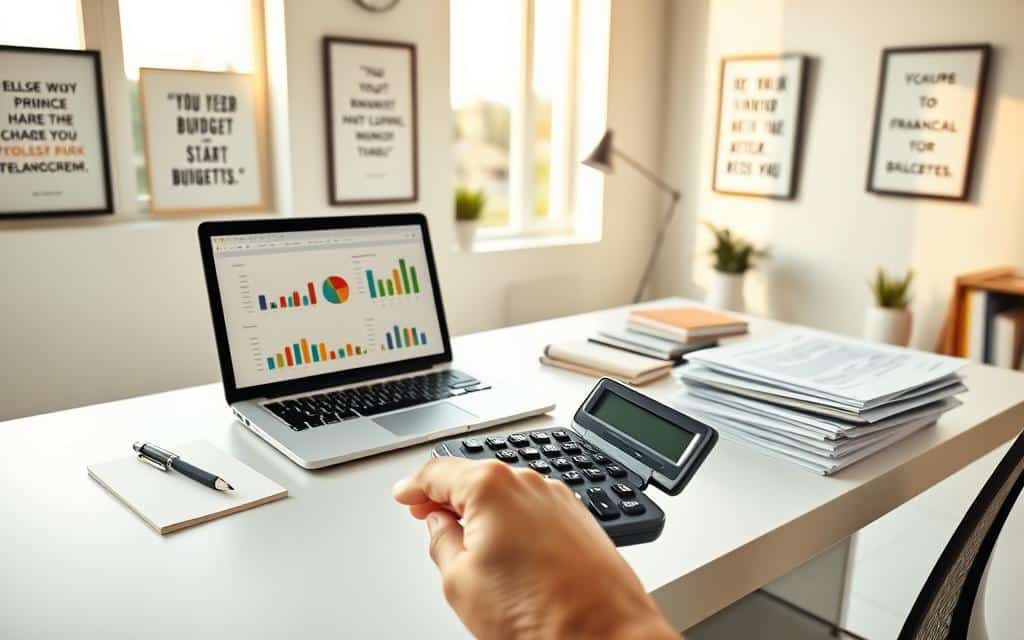 Budgeting Strategies for Financial Success: A clean, well-lit office space with a modern, minimalist aesthetic. On the desk, a laptop displays a spreadsheet with colorful charts and graphs, accompanied by a notepad, pen, and a neatly stacked pile of financial documents. The walls are adorned with framed motivational quotes and financial planning tips. Warm, natural lighting filters through large windows, creating a sense of focus and productivity. In the foreground, a hand holding a calculator, symbolizing the careful analysis and decision-making required for effective budgeting. The overall scene conveys a sense of organization, control, and a path towards financial stability and success.