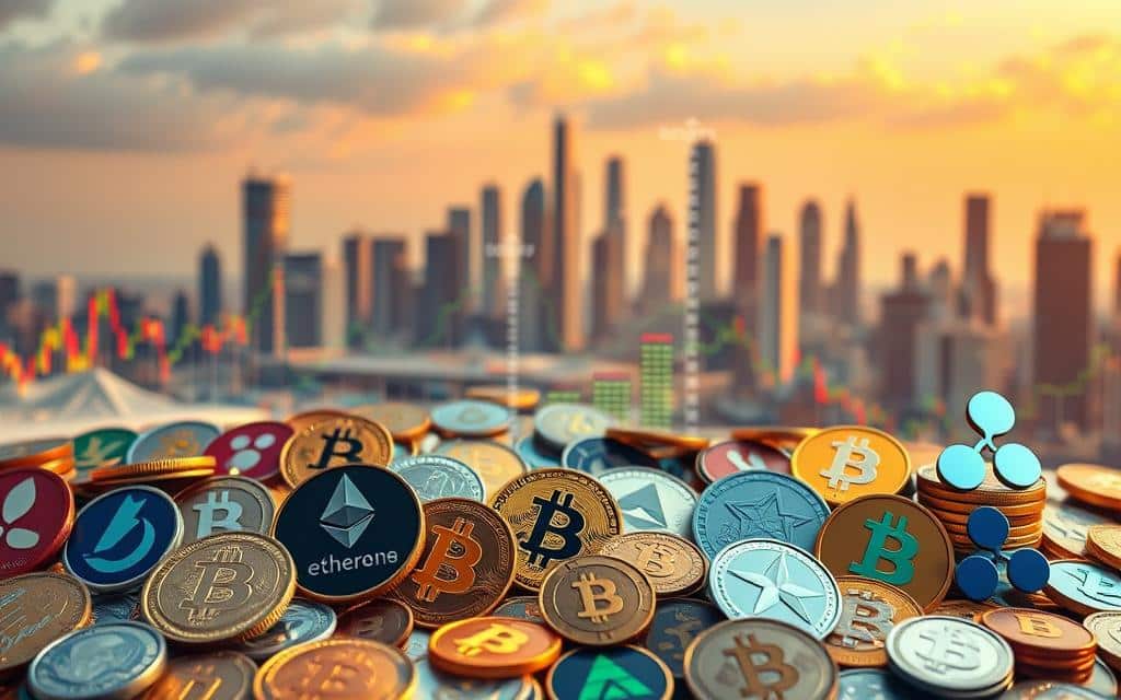 Cryptocurrency Types and Varieties: A digital financial landscape with a vibrant array of coins and tokens. In the foreground, a collection of iconic cryptocurrency symbols - Bitcoin, Ethereum, Litecoin, Ripple, and others - each with a distinct design and color scheme, conveying their unique identities. In the middle ground, a series of charts, graphs, and visualizations illustrate the various characteristics, use cases, and market dynamics of these digital assets. The background features a futuristic cityscape, with skyscrapers and technological infrastructure, representing the decentralized, global nature of the cryptocurrency ecosystem. Warm lighting and a dynamic, energetic atmosphere capture the excitement and potential of this rapidly evolving financial frontier.