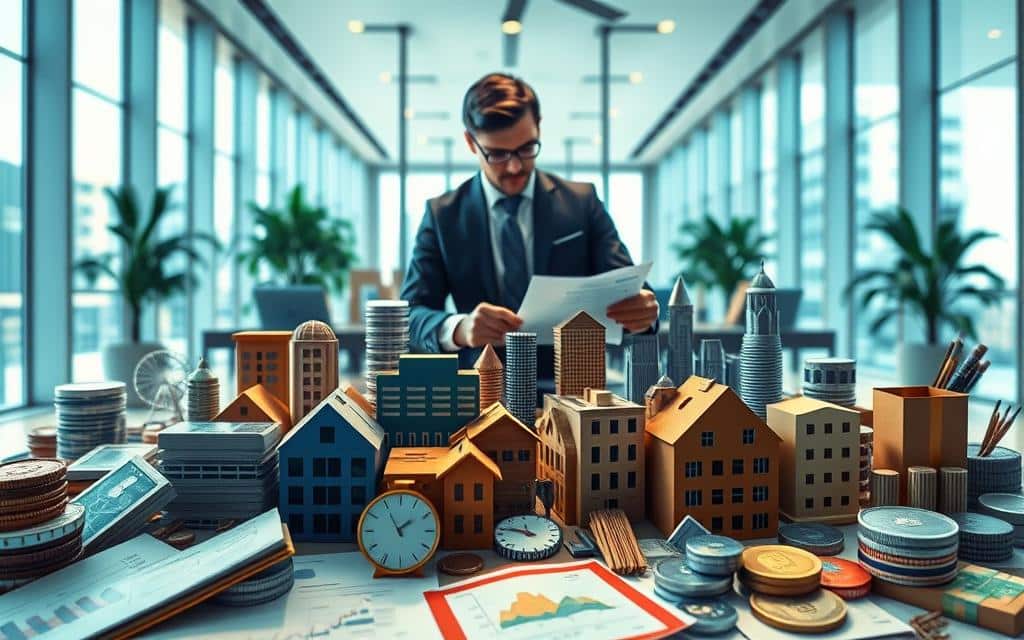 Detailed financial illustration showcasing Mutual Fund Investment Strategies. In the foreground, a diverse portfolio of various financial assets - stocks, bonds, real estate, and other instruments. Middle ground depicts a financial advisor carefully analyzing data and charts. In the background, a sleek, modern office setting with floor-to-ceiling windows, conveying a sense of professionalism and expertise. Lighting is soft, directional, creating depth and highlighting key elements. Lens is wide angle to capture the full scope of the scene. The overall mood is one of thoughtful, strategic investment planning for long-term financial growth.