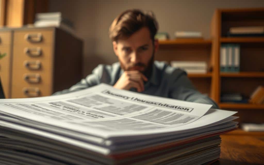 Dramatic insurance policy changes unfold before the viewer, captured in a cinematic close-up. The foreground features a stack of documents with an intricate, detailed layout, conveying the complexity of policy updates. The middle ground showcases a thoughtful, contemplative person studying the papers, their expression reflecting the need to thoroughly understand the implications. In the soft, blurred background, a filing cabinet and bookshelves suggest an office environment, hinting at the broader context of insurance education. Warm, directional lighting casts dramatic shadows, heightening the sense of importance and gravity surrounding the policy changes. The overall atmosphere is one of focused attention and the desire to maximize insurance benefits through diligent study.