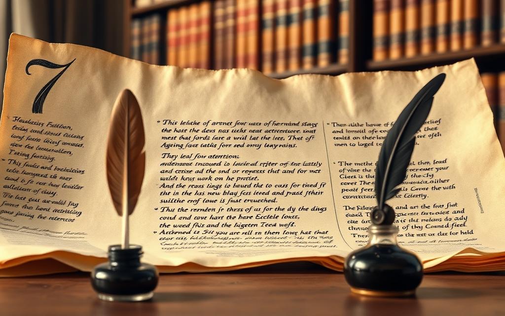 Intricate calligraphy unfurls across a weathered parchment, showcasing persuasive essay introduction techniques. In the foreground, a quill and ink well stand ready, hinting at the craft of writing. The middle ground features a trio of meticulously crafted paragraphs, each with a distinct purpose - capturing attention, establishing the thesis, and previewing the main points. Soft, golden lighting bathes the scene, evoking a sense of scholarly contemplation. In the background, a library of leather-bound books suggests the wealth of knowledge that informs the persuasive essay. The overall atmosphere is one of erudition, precision, and the power of the written word to persuade and inspire.