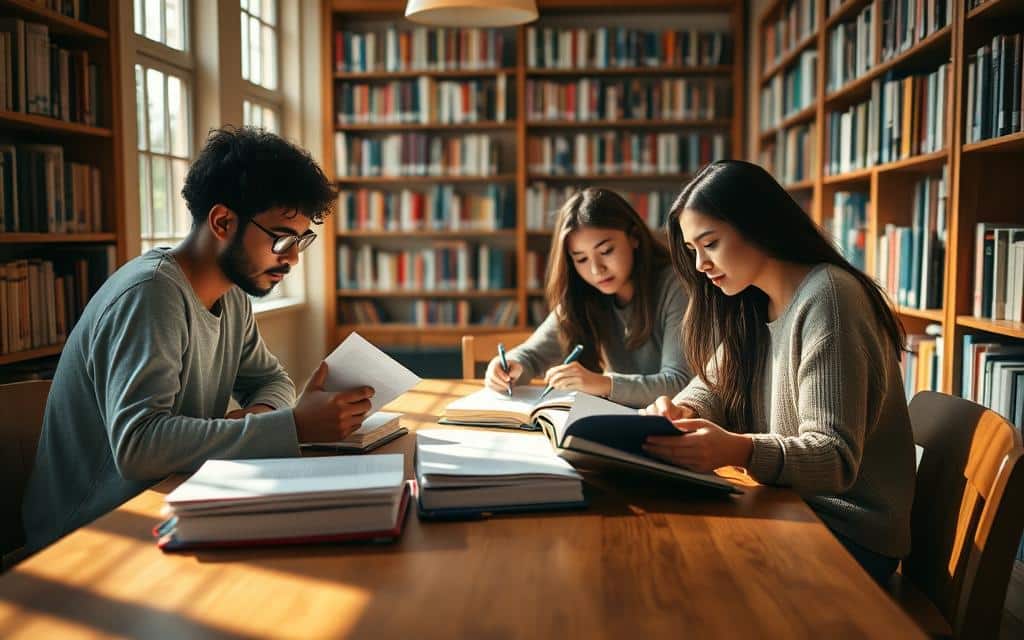 Serene study group gathered around a wooden table, poring over textbooks and notes in a sun-dappled library. Four diverse students intently collaborating, exchanging ideas and strategies. Soft, directional lighting illuminates their focused expressions. Bookshelves line the walls, creating a cozy, intellectual atmosphere. Warm, earthy tones complement the natural materials. Carefully composed to capture the essence of productive, engaged learning through peer interaction. 120mm lens, 1/60s shutter speed, f/5.6 aperture.