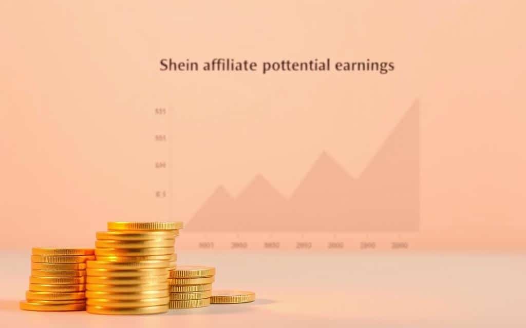Shein affiliate marketing earnings: a sleek, minimal infographic set against a soft, pastel-hued background. In the foreground, a stack of gold coins representing commission payouts, illuminated by warm, directional lighting. In the middle ground, a stylized graph or chart visualizing the potential earnings, with clean, geometric shapes and a neutral color palette. In the background, a subtle pattern or texture that adds visual interest without distracting from the central financial data. The overall mood is one of professional, aspirational elegance - showcasing the lucrative earning potential of the Shein affiliate program in a visually compelling way.