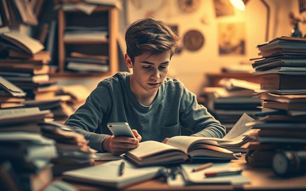 Studying amid a cluttered workspace, a young person sits surrounded by distractions - a smartphone, open books, scattered papers. Soft, warm lighting illuminates the scene, creating a cozy, focused atmosphere. The background is blurred, drawing the viewer's attention to the central figure intently working, brow furrowed in concentration. Muted earth tones and natural materials like wood and stone evoke a sense of mindfulness. The overall composition conveys the challenge of managing distractions to cultivate a productive study environment.
