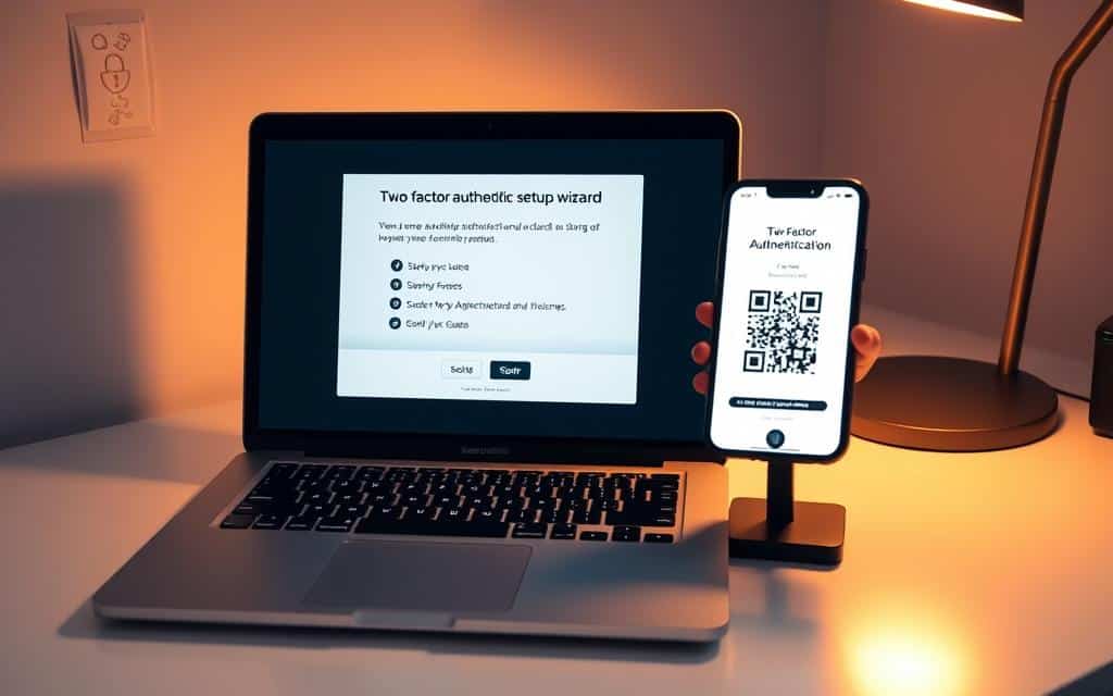 Two-factor authentication setup guide. A sleek desktop with a laptop and smartphone. On the laptop screen, a two-factor setup wizard, step-by-step instructions, security icons. The smartphone displays a two-factor authentication app, a QR code ready to scan. The setup is illuminated by warm, indirect lighting, creating a clean, professional atmosphere. The angle is slightly elevated, showcasing the devices and interface clearly. The composition is balanced, with the laptop and smartphone positioned to draw the eye towards the setup process. The overall tone is informative and reassuring, emphasizing the importance of two-factor authentication for digital security.