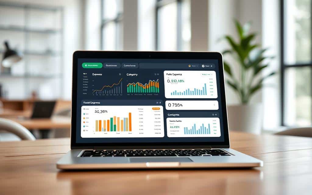a digital financial dashboard with graphs, charts, and analytics tracking various expense categories and trends, with a clean and intuitive user interface displayed on a laptop or tablet in a minimalist, well-lit office setting, creating a sense of efficient expense management and financial organization